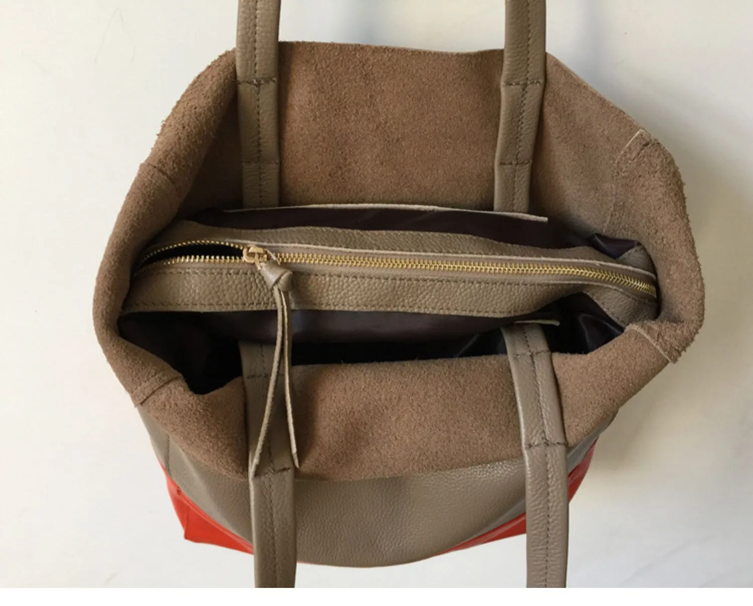 Khaki&Orange Leather Tote Bag Two Tone Tote Bag Womens Two Tone Purse Leather Work Tote Bag