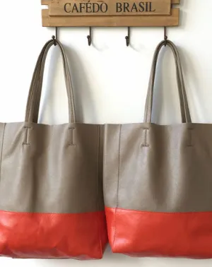 Khaki&Orange Leather Tote Bag Two Tone Tote Bag Womens Two Tone Purse Leather Work Tote Bag