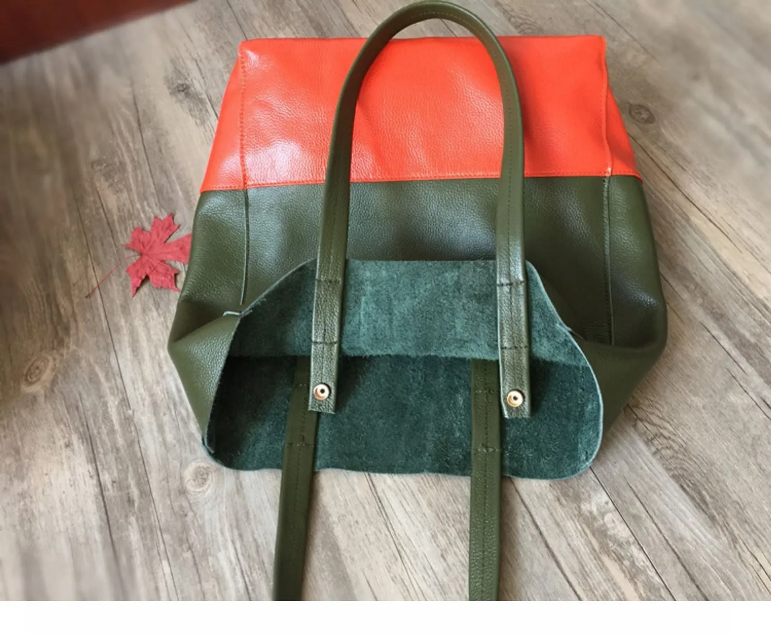 Khaki&Orange Leather Tote Bag Two Tone Tote Bag Womens Two Tone Purse Leather Work Tote Bag