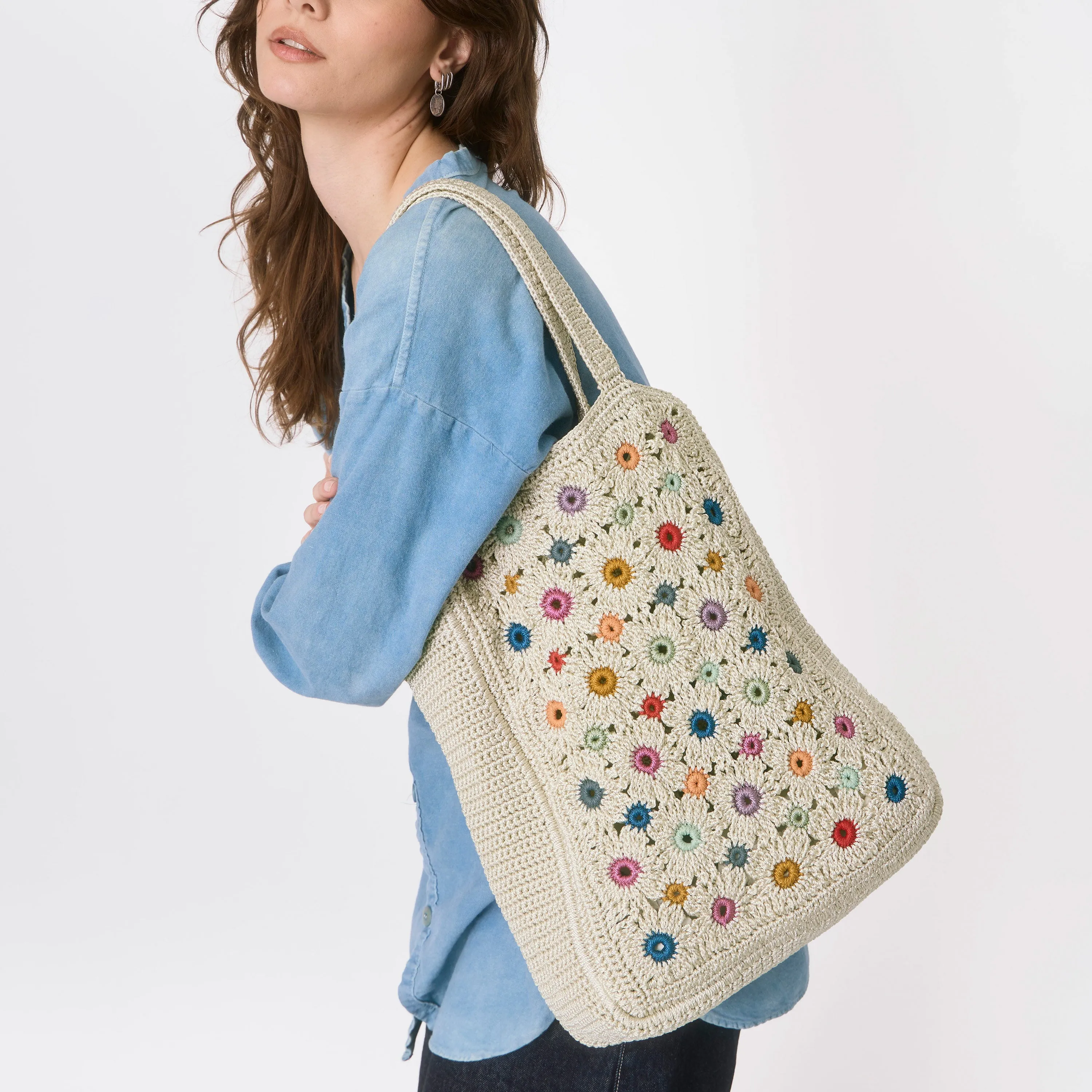Lanie Market Tote - Hand Crochet - Natural Multi Flowers