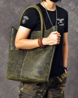 Leather Mens Womens 14" Large Shoulder Bag Dark Green Tote Bag Large Side Bag For Men