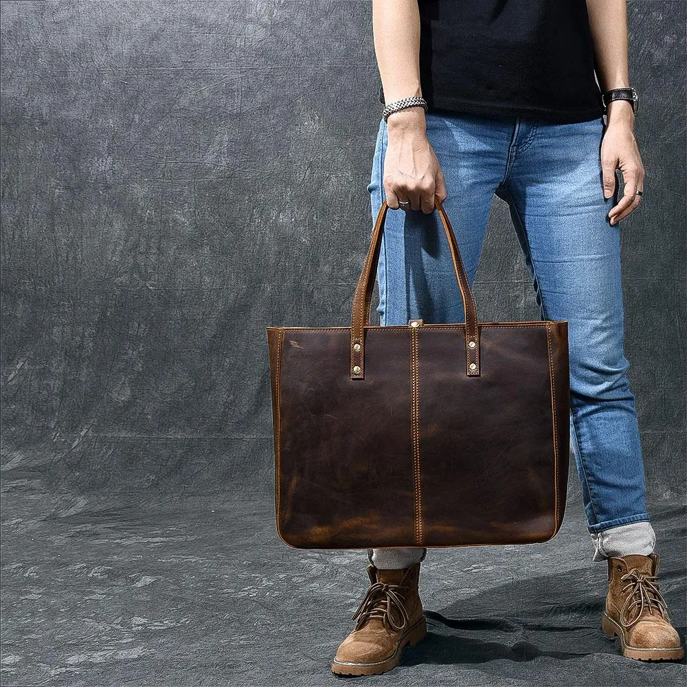 Leather Mens Womens 14" Large Tote Shoulder Bag Vintage Brown Tote Bag Large Side Bag For Men