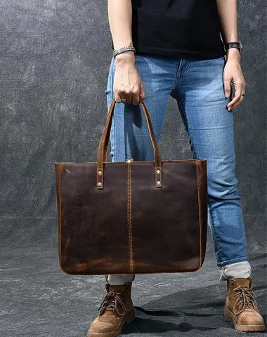 Leather Mens Womens 14" Large Tote Shoulder Bag Vintage Brown Tote Bag Large Side Bag For Men