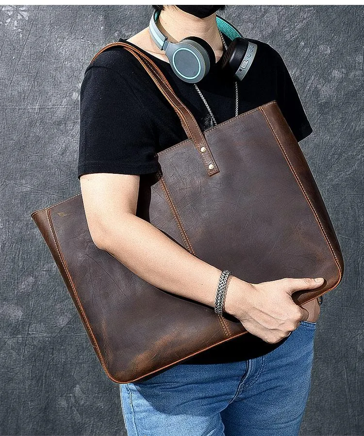 Leather Mens Womens 14" Large Tote Shoulder Bag Vintage Brown Tote Bag Large Side Bag For Men