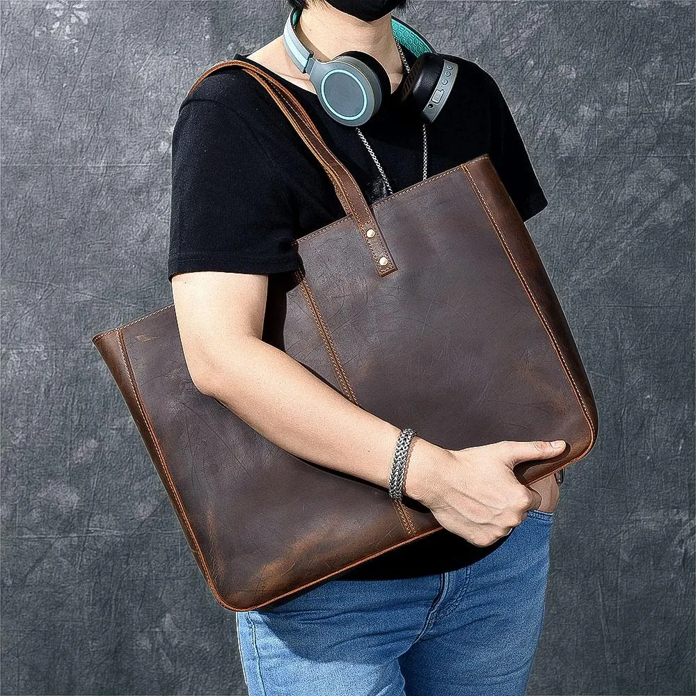 Leather Mens Womens 14" Large Tote Shoulder Bag Vintage Brown Tote Bag Large Side Bag For Men