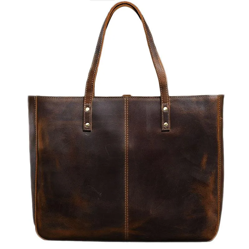 Leather Mens Womens 14" Large Tote Shoulder Bag Vintage Brown Tote Bag Large Side Bag For Men