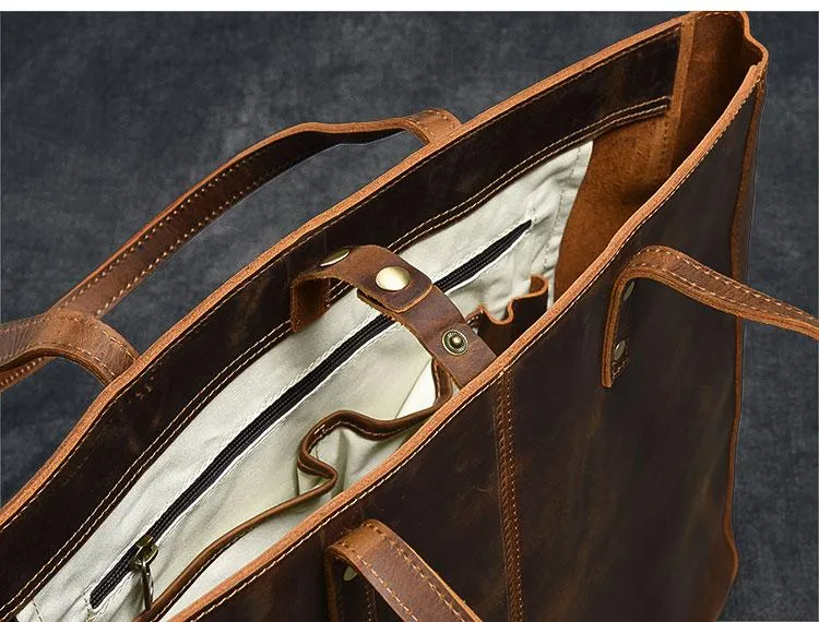 Leather Mens Womens 14" Large Tote Shoulder Bag Vintage Brown Tote Bag Large Side Bag For Men