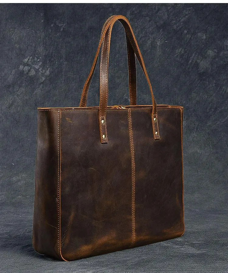 Leather Mens Womens 14" Large Tote Shoulder Bag Vintage Brown Tote Bag Large Side Bag For Men