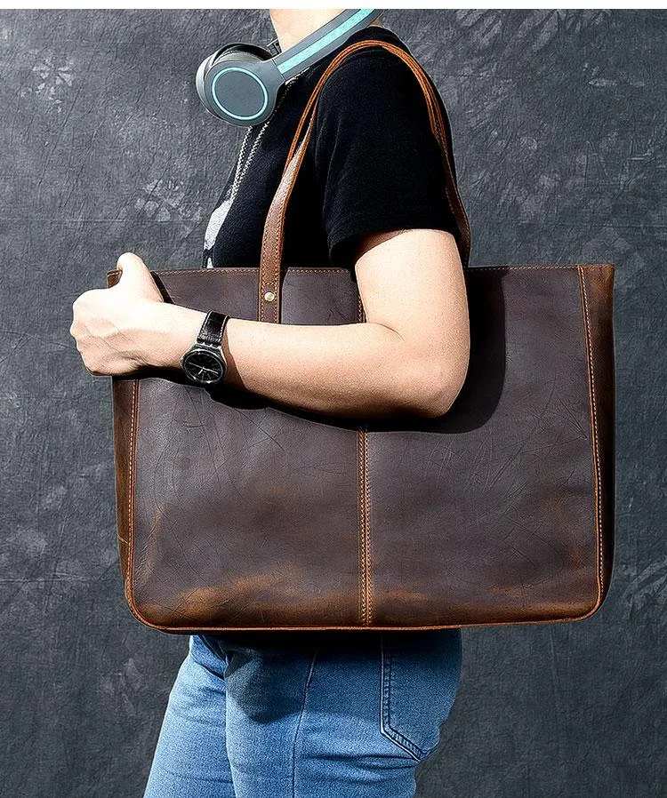 Leather Mens Womens 14" Large Tote Shoulder Bag Vintage Brown Tote Bag Large Side Bag For Men