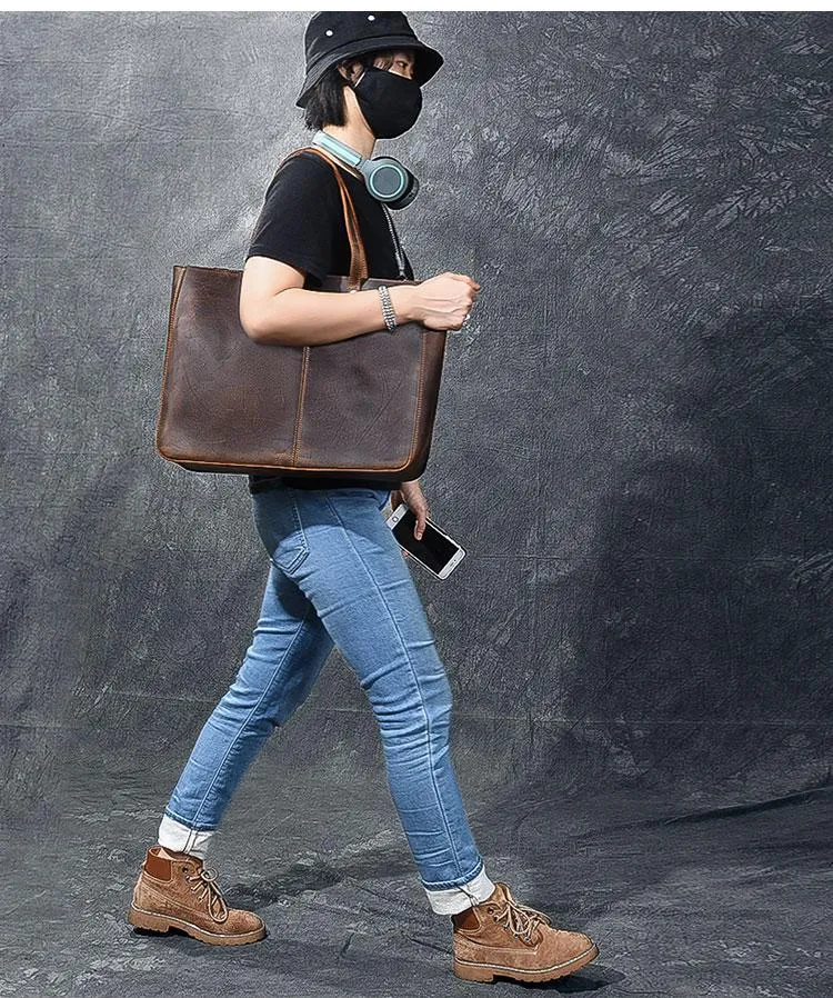 Leather Mens Womens 14" Large Tote Shoulder Bag Vintage Brown Tote Bag Large Side Bag For Men