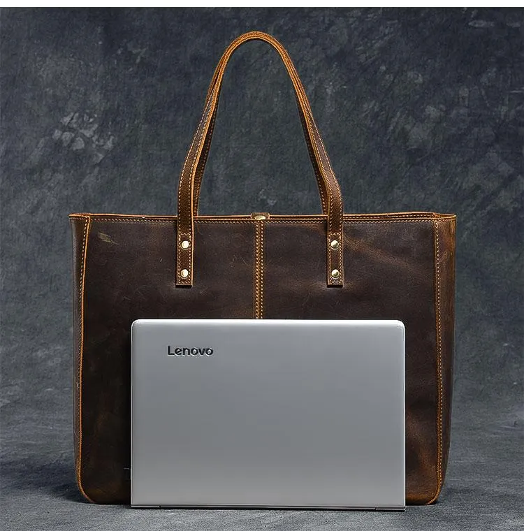 Leather Mens Womens 14" Large Tote Shoulder Bag Vintage Brown Tote Bag Large Side Bag For Men