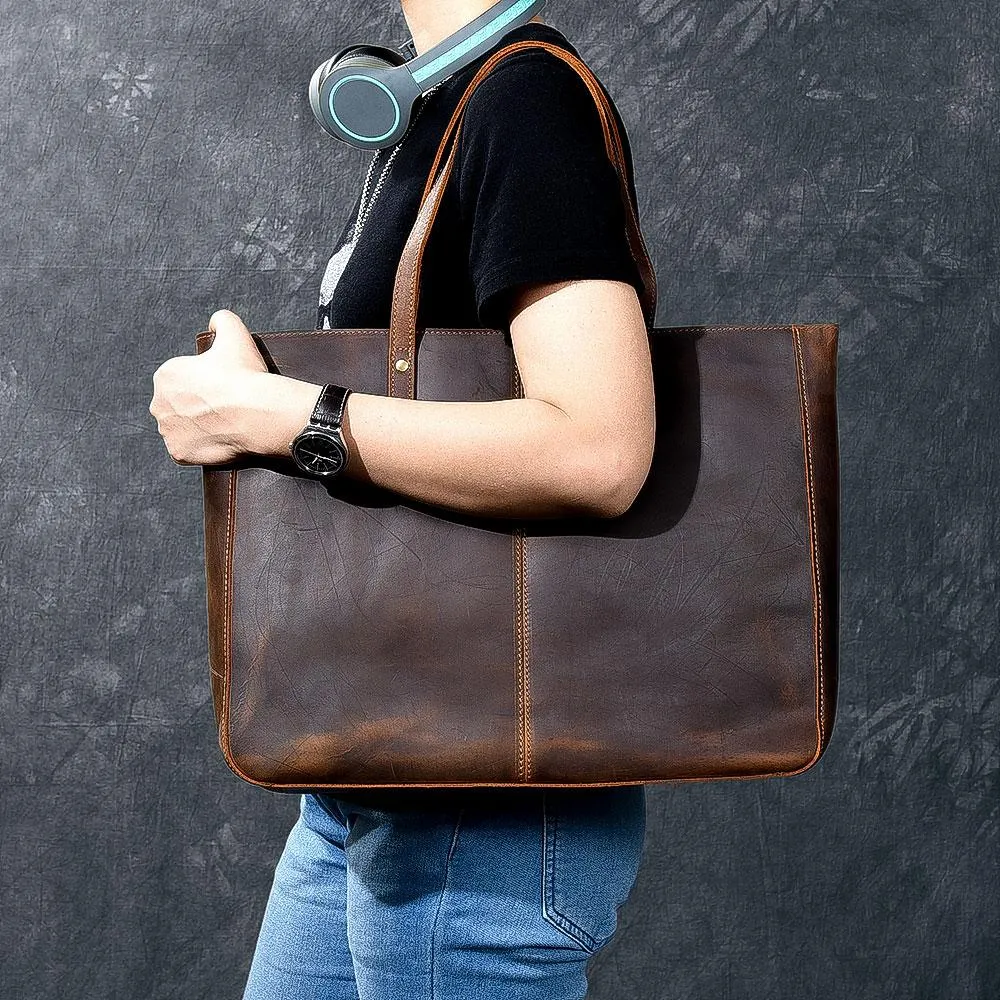 Leather Mens Womens 14" Large Tote Shoulder Bag Vintage Brown Tote Bag Large Side Bag For Men