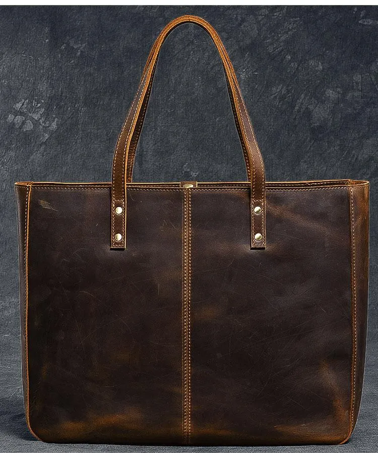 Leather Mens Womens 14" Large Tote Shoulder Bag Vintage Brown Tote Bag Large Side Bag For Men
