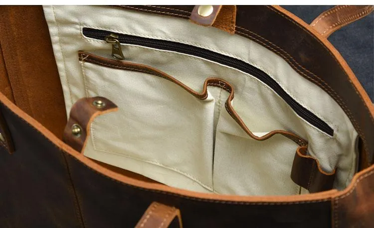 Leather Mens Womens 14" Large Tote Shoulder Bag Vintage Brown Tote Bag Large Side Bag For Men