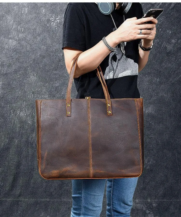 Leather Mens Womens 14" Large Tote Shoulder Bag Vintage Brown Tote Bag Large Side Bag For Men