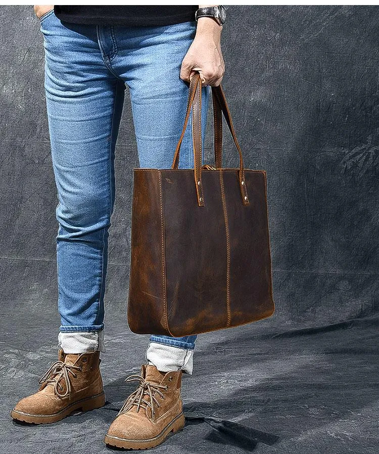 Leather Mens Womens 14" Large Tote Shoulder Bag Vintage Brown Tote Bag Large Side Bag For Men