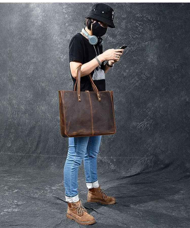 Leather Mens Womens 14" Large Tote Shoulder Bag Vintage Brown Tote Bag Large Side Bag For Men