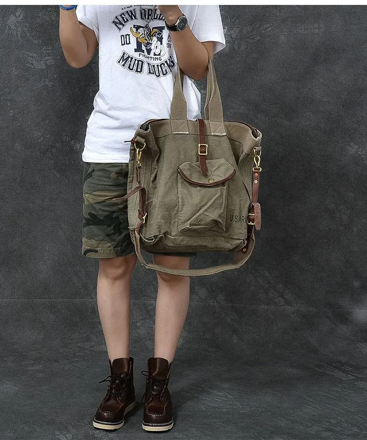 Leather Mens Womens 15" Large Shoulder Bag Army Green Tote Bag Large Side Bag For Men