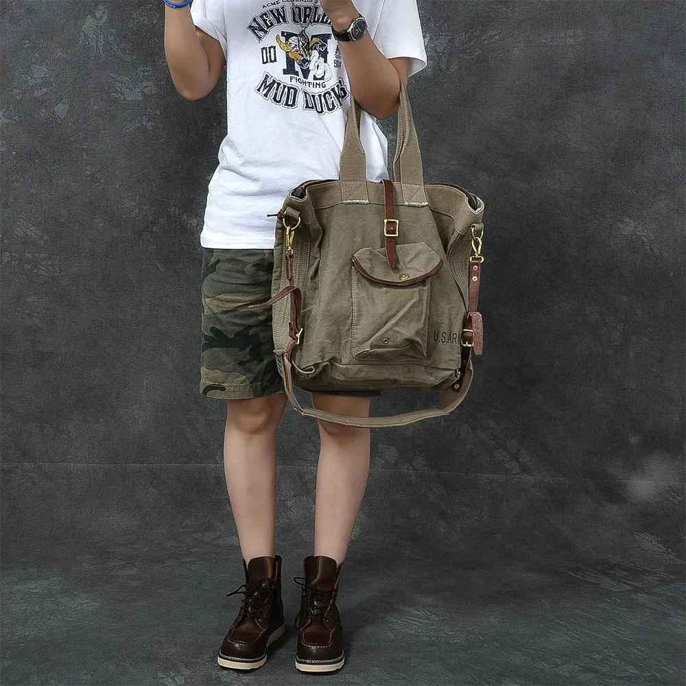 Leather Mens Womens 15" Large Shoulder Bag Army Green Tote Bag Large Side Bag For Men