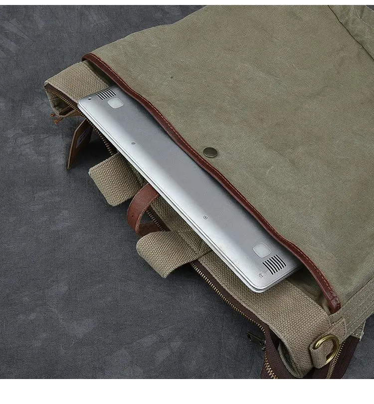 Leather Mens Womens 15" Large Shoulder Bag Army Green Tote Bag Large Side Bag For Men