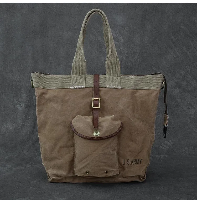 Leather Mens Womens 15" Large Shoulder Bag Army Green Tote Bag Large Side Bag For Men