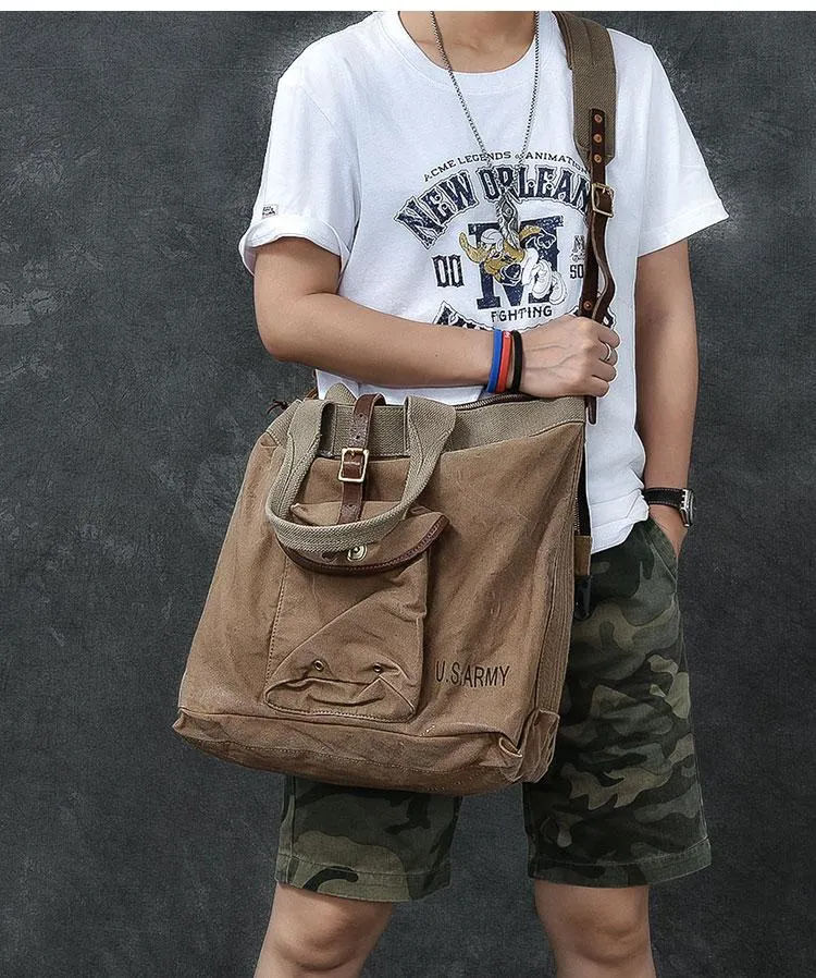 Leather Mens Womens 15" Large Shoulder Bag Army Green Tote Bag Large Side Bag For Men