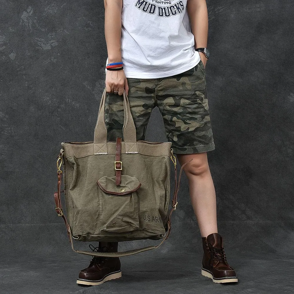 Leather Mens Womens 15" Large Shoulder Bag Army Green Tote Bag Large Side Bag For Men