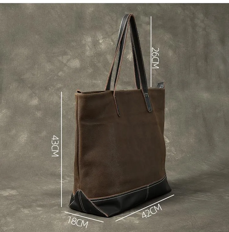 Leather Mens Womens 16" Large Shoulder Bag Black Tote Bag Large Side Bag For Men