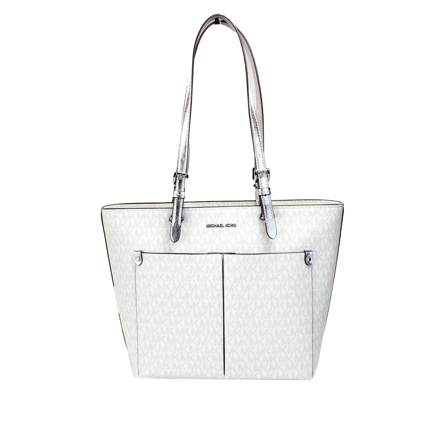 Michael Kors Jet Set Medium Optic White Signature PVC Double Pocket Tote Bag