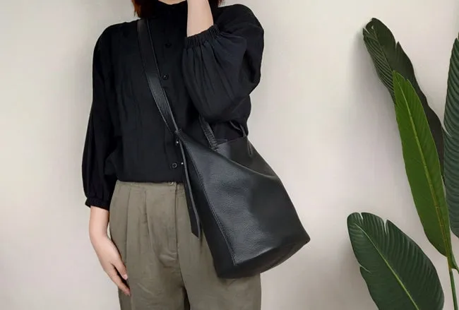 Stylish Black Leather Tote Bag Shoulder Tote Handbag Black Crossbody Tote Purse For Women