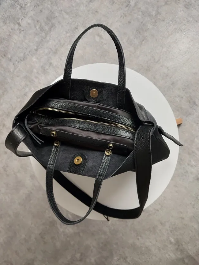 Stylish Black Leather Tote Bag Shoulder Tote Handbag Black Crossbody Tote Purse For Women