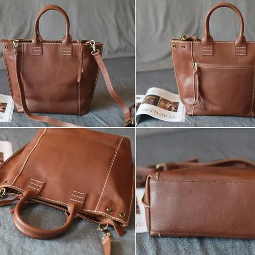 Stylish Womens Brown Leather Shopper Tote Bag Brown Leather Tote Handbag Shoulder Bag With Zipper