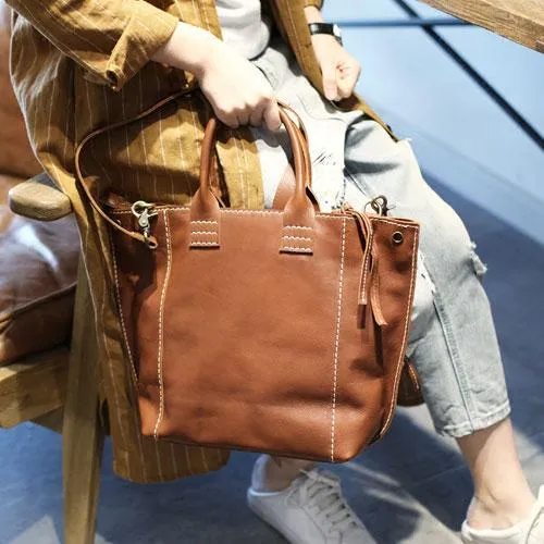 Stylish Womens Brown Leather Shopper Tote Bag Brown Leather Tote Handbag Shoulder Bag With Zipper