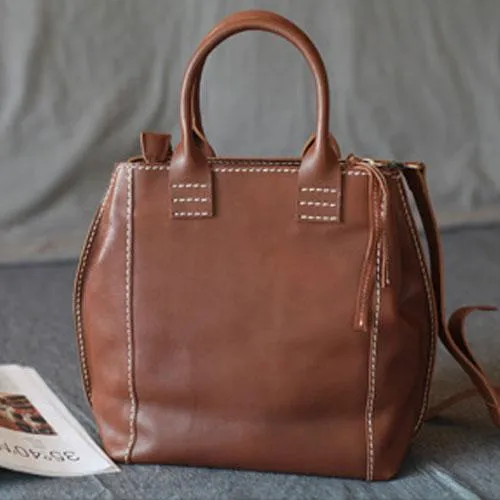 Stylish Womens Brown Leather Shopper Tote Bag Brown Leather Tote Handbag Shoulder Bag With Zipper