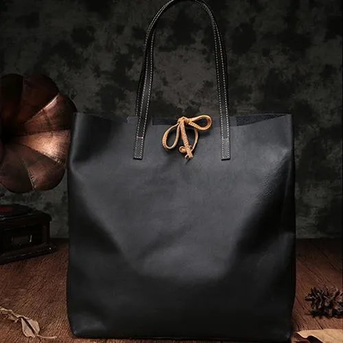 Vertical Black Leather Tote Bag 14" Womens Black Shopper Tote Handbag Purse for Ladies