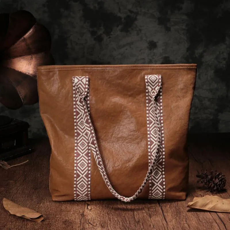 Vertical Brown Leather Tote Bag Womens Green Shopper Tote Handbag Purse