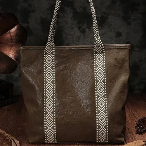 Vertical Brown Leather Tote Bag Womens Green Shopper Tote Handbag Purse
