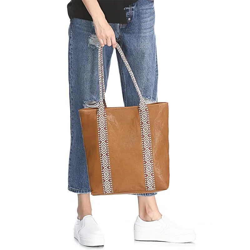 Vertical Brown Leather Tote Bag Womens Green Shopper Tote Handbag Purse