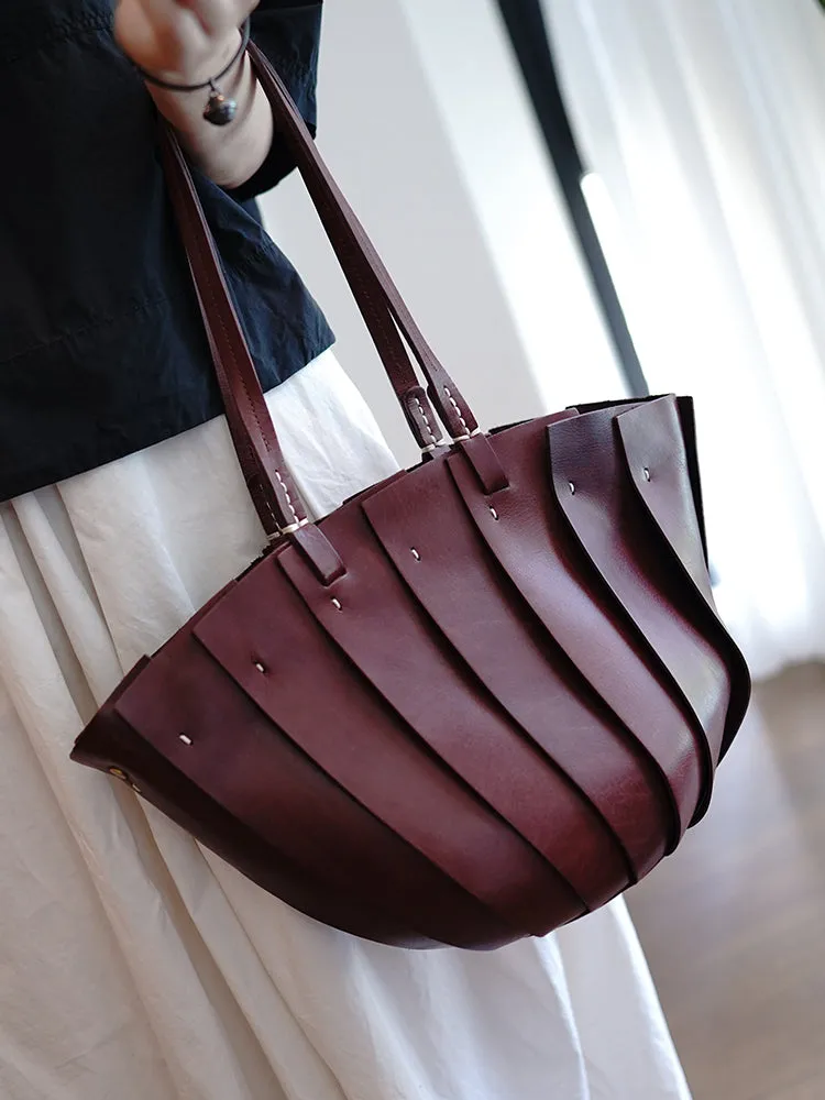 Vintage Black Leather Splicing Bucket Handbag Tote Women Handmade Shoulder Tote Bag for Women