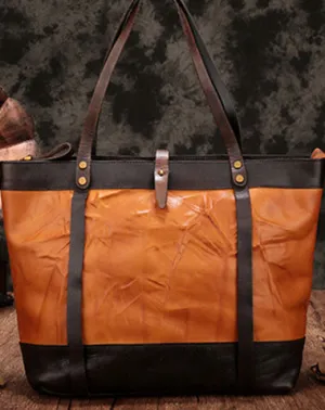 Vintage Brown Large Leather Tote Bag Shopper Bag Big Tote Purses For Women