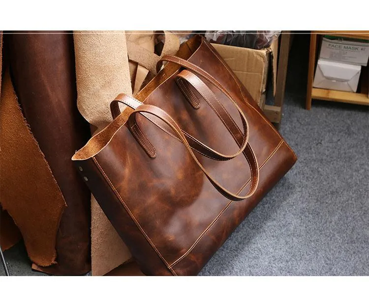 Vintage Brown Leather Men Womens Tote 15 inches Amber Brown Tote Bag Shoulder Tote Bag For Men