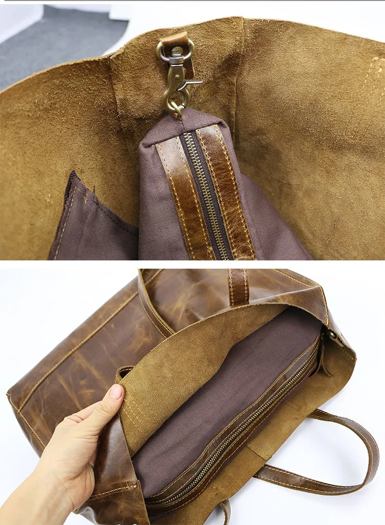 Vintage Brown Leather Men Womens Tote 15 inches Amber Brown Tote Bag Shoulder Tote Bag For Men