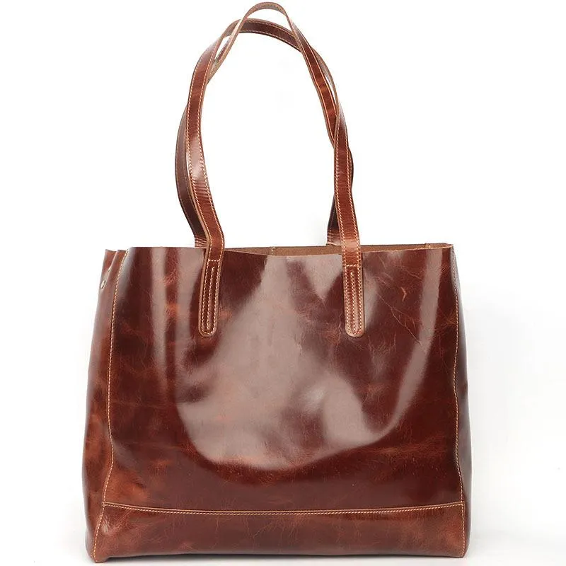 Vintage Brown Leather Men Womens Tote 15 inches Amber Brown Tote Bag Shoulder Tote Bag For Men