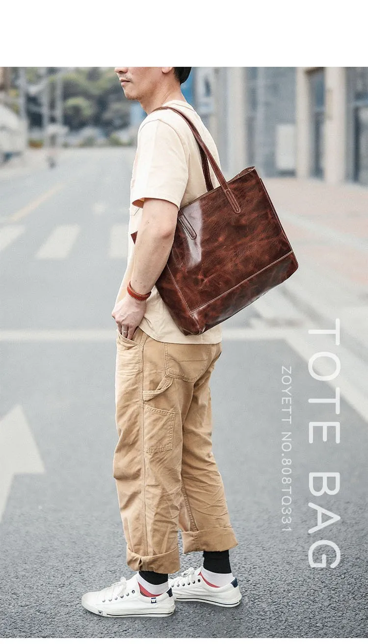 Vintage Brown Leather Men Womens Tote 15 inches Amber Brown Tote Bag Shoulder Tote Bag For Men