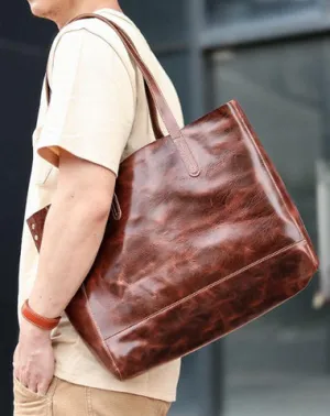 Vintage Brown Leather Men Womens Tote 15 inches Amber Brown Tote Bag Shoulder Tote Bag For Men