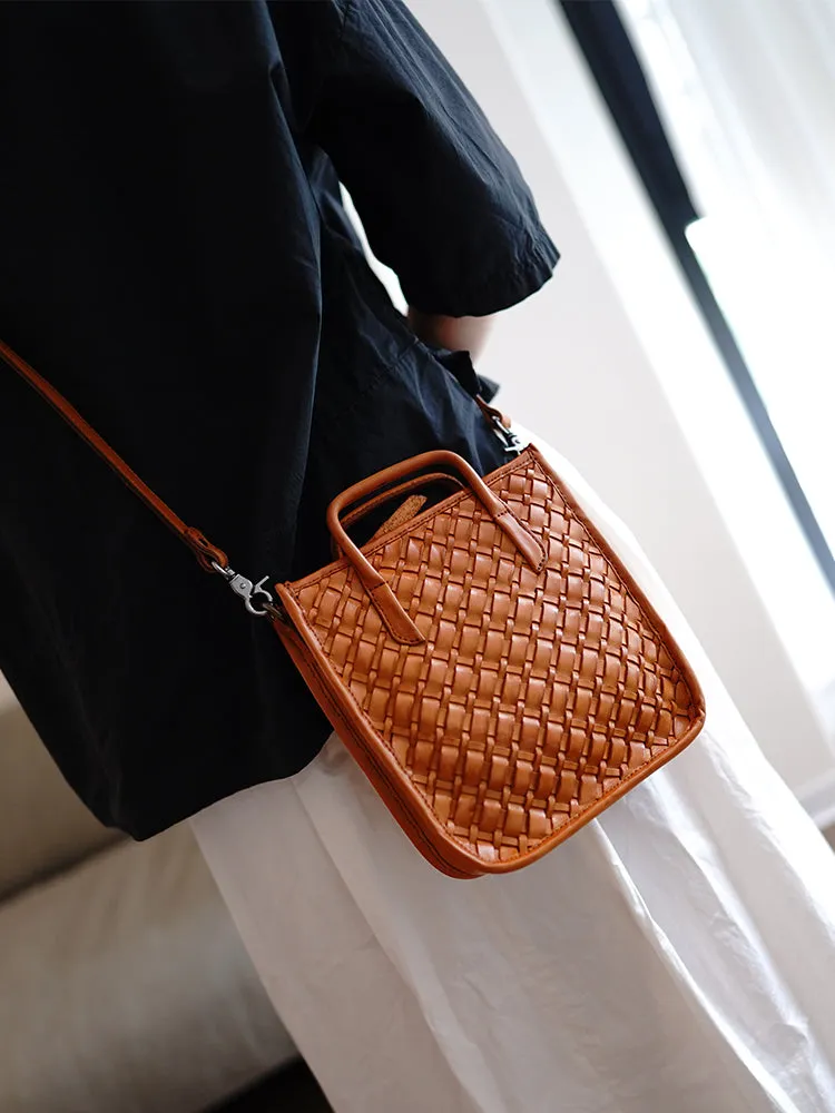 Vintage Coffee Leather Braided Vertical Handbag Women Crossbody Vertical Tote Purse for Women