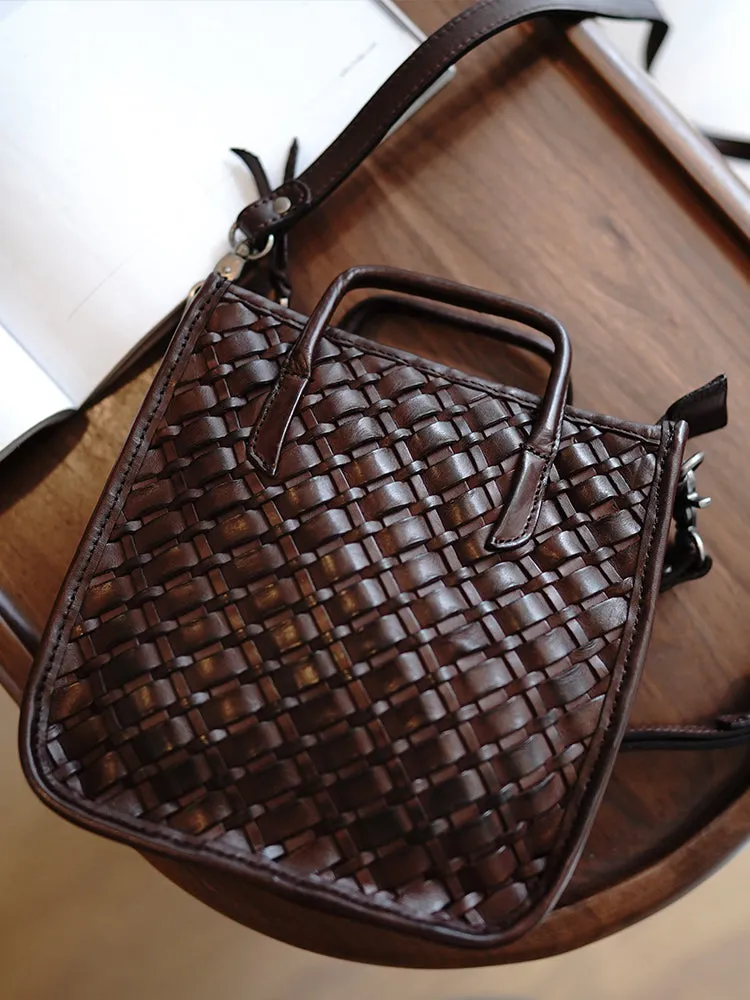 Vintage Coffee Leather Braided Vertical Handbag Women Crossbody Vertical Tote Purse for Women