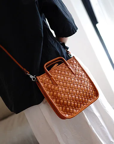 Vintage Coffee Leather Braided Vertical Handbag Women Crossbody Vertical Tote Purse for Women