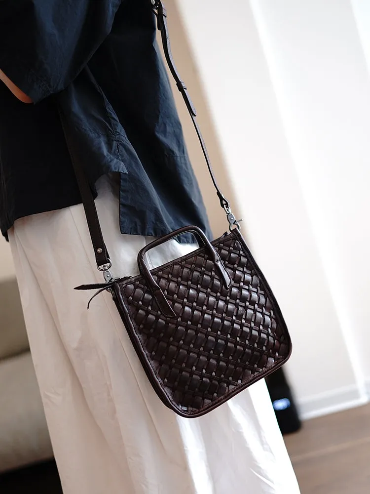Vintage Coffee Leather Braided Vertical Handbag Women Crossbody Vertical Tote Purse for Women