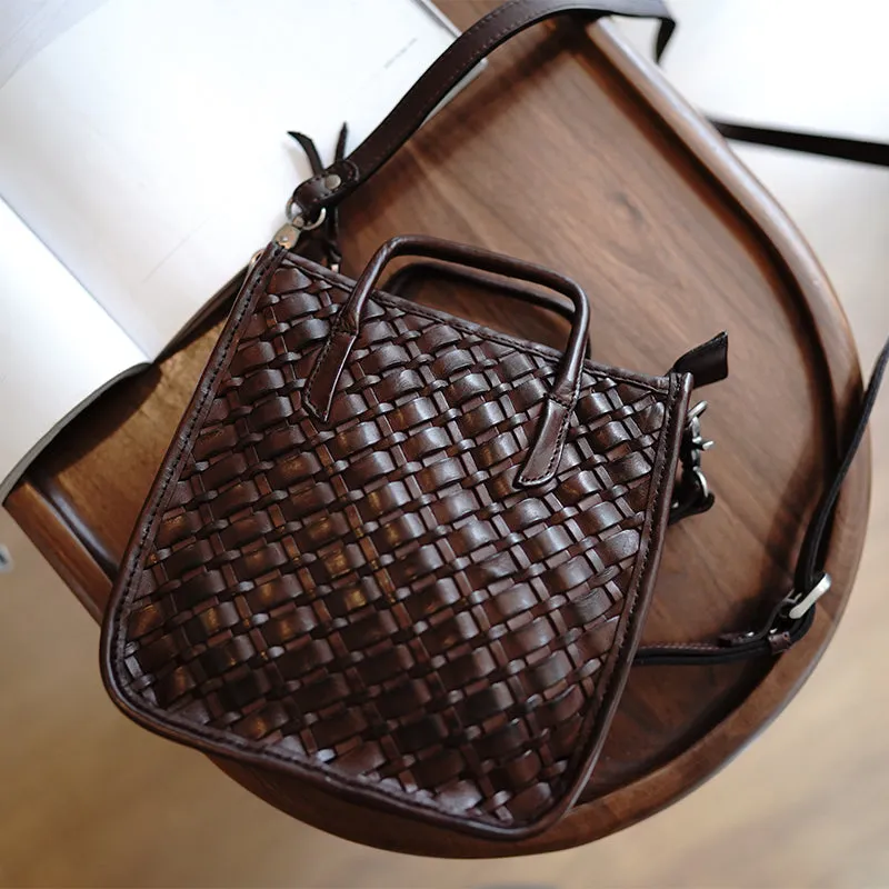 Vintage Coffee Leather Braided Vertical Handbag Women Crossbody Vertical Tote Purse for Women